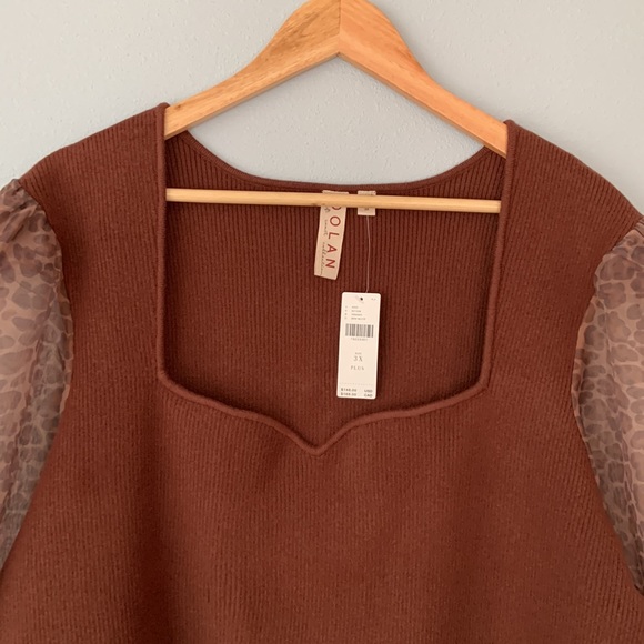 Anthropologie • NWT Dolan Sheer Animal Print Puff-Sleeve Brown Sweater Size 3X - Picture 4 of 13